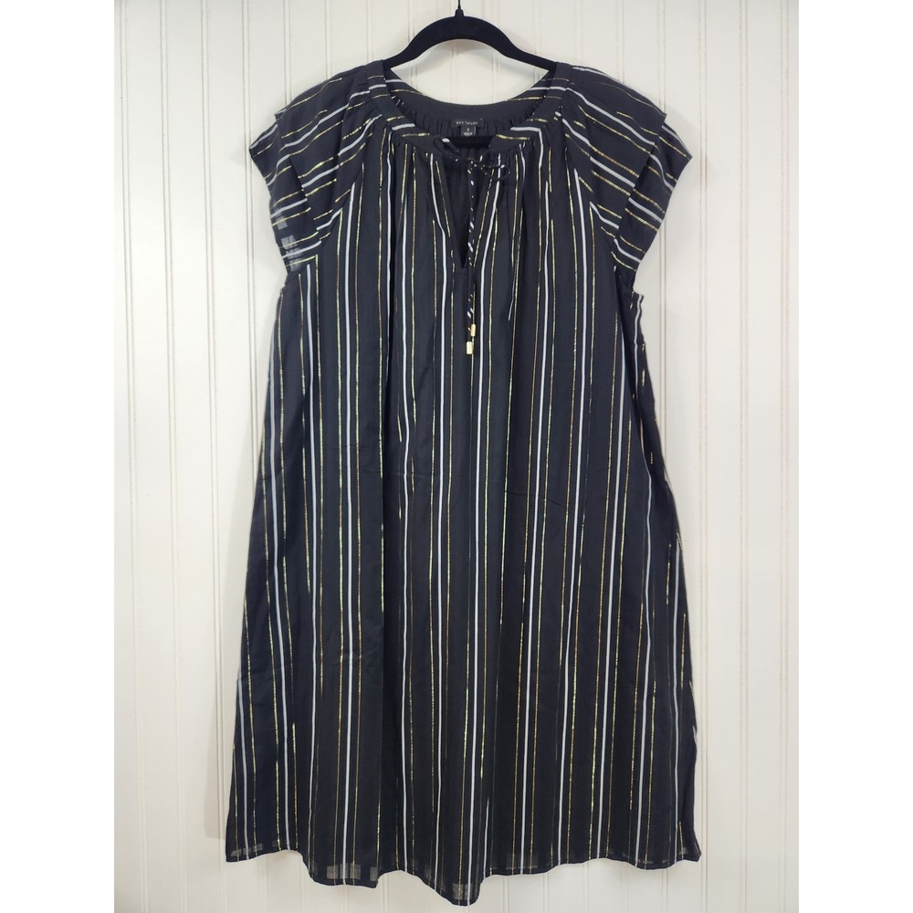 NEW Ann Taylor Black Metallic Gold Stripe Cotton Shift Dress 8 Cap Sleeve Tie